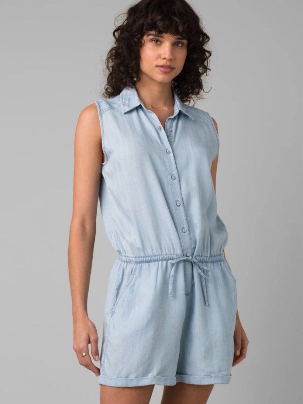 PrAna Weekend Escape Light Blue Denim Tencel Sleeveless Cinched Romper Pockets L